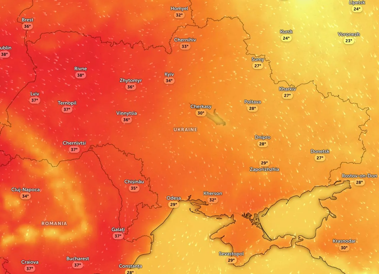Карта температур в Україні 30 червня зі значеннями до +38 градусів