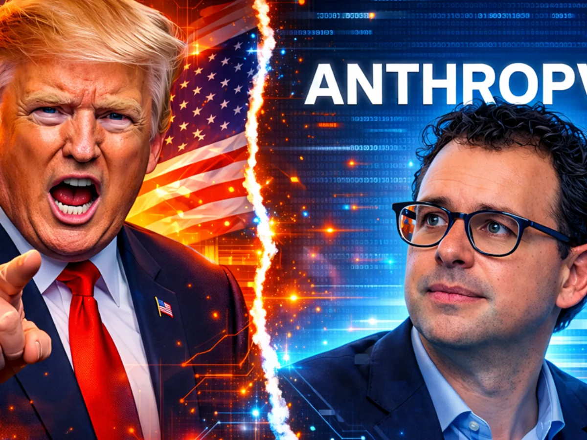Дональд Трамп і CEO Anthropic на тлі прапора США та технологій ШІ