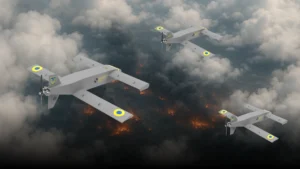 Українські дрони летять над палаючою місцевістю вночі