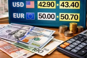 Курси долара та євро на табло обмінника з готівкою і калькулятором