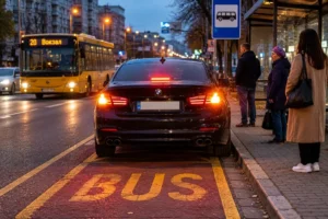 BMW з увімкненою аварійкою зупинився на автобусній смузі руху