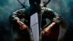 Солдат Black Ops тримає PS5 консоль у бойовій атмосфері