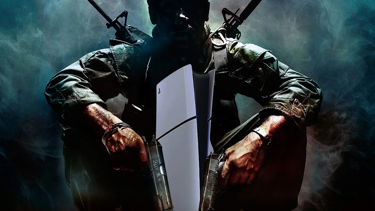 Солдат Black Ops тримає PS5 консоль у бойовій атмосфері