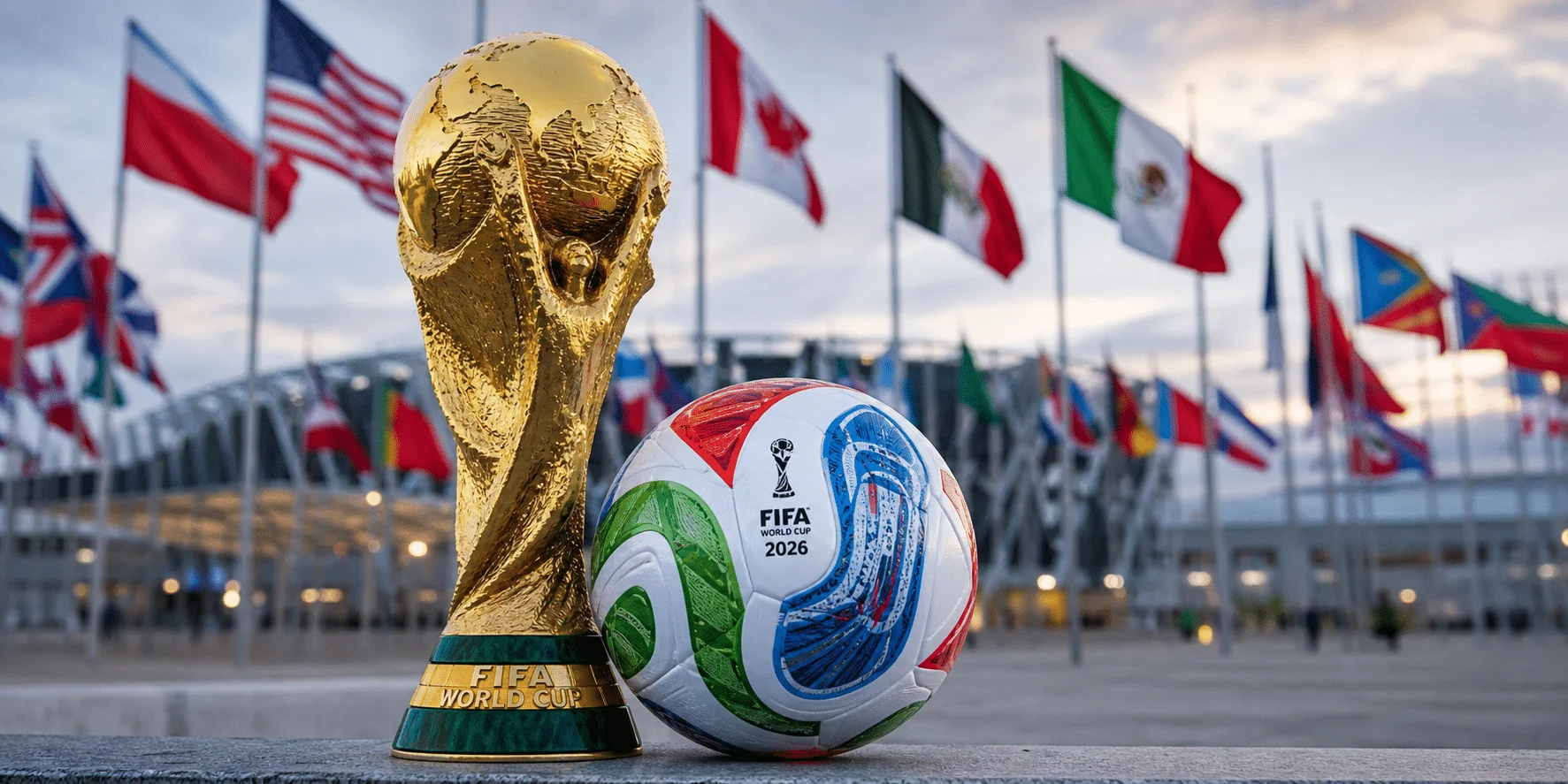 Трофей ЧС-2026 та мяч FIFA на тлі прапорів країн-учасниць