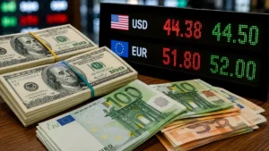 Курси долара та євро на табло обмінника з пачками готівкової валюти