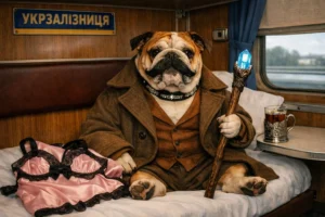 Бульдог в пальто с бриллиантовым ошейником и хрустальным посохом в вагоне Укрзализницы