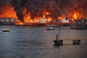 Пожежа в порту Таганрога після атаки дронів з густим чорним димом