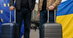 Українські чоловіки з валізками перед прапорами ЄС та України