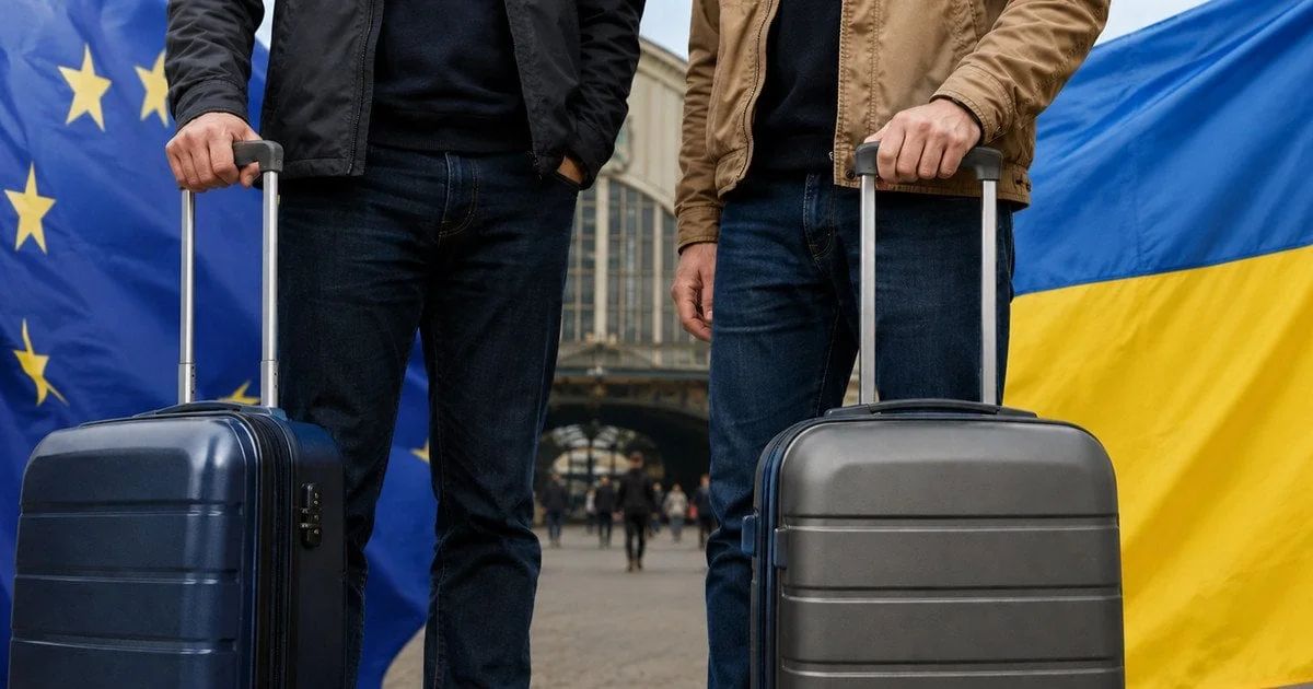 Українські чоловіки з валізками перед прапорами ЄС та України