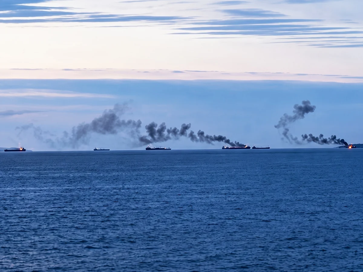 Уражені судна РФ з димом після ударів СБС на морі