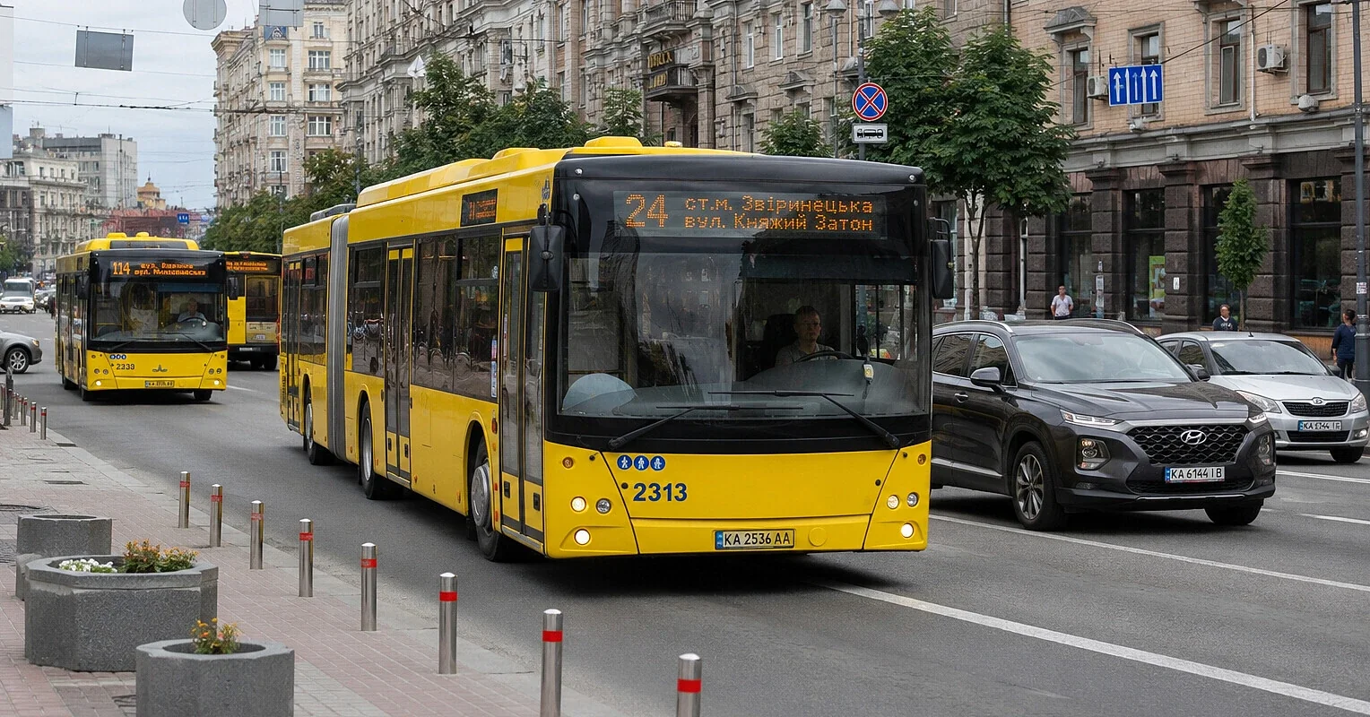 Жовті автобуси Київпастрансу на маршруті вулицями Києва