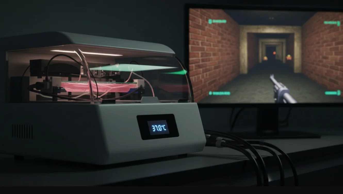 Біокомпютер Cortical Labs з нейронами, що керують грою Doom на екрані