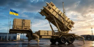 Пусковая установка Patriot с флагом Украины на площадке