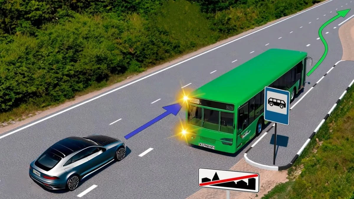 Автомобіль поступається дорогою зеленому автобусу, що виїжджає зі зупинки за ПДР