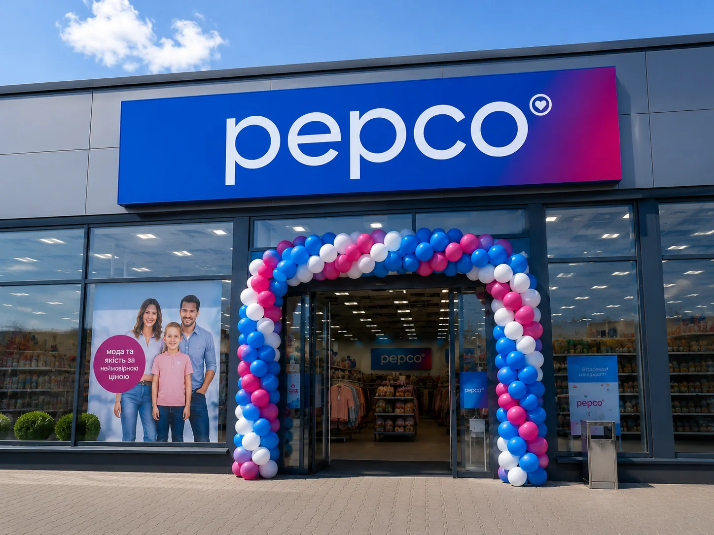Магазин Pepco з аркою з повітряних кульок на вході