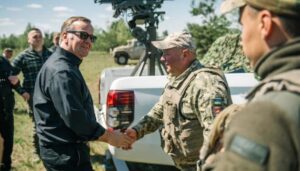 Борис Пісторіус вітається з українським військовим під час обговорення підтримки України