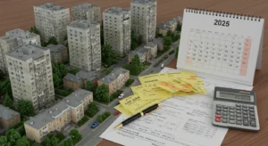 Макет жилых домов с налоговыми уведомлениями и календарем 2025 года