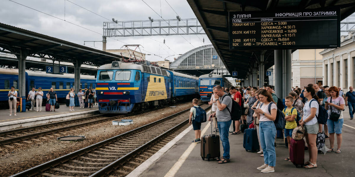 Пасажири на платформі біля поїзда УЗ з табло затримок рейсів