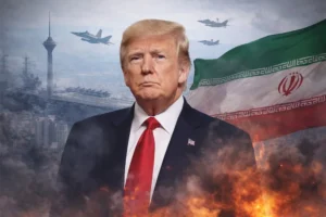 Дональд Трамп на фоне флага Ирана, истребителей и авианосца