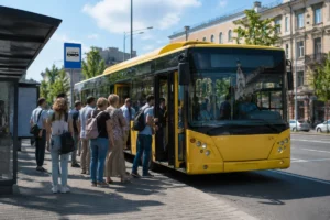 Пасажири біля жовтого автобуса на зупинці громадського транспорту в Києві