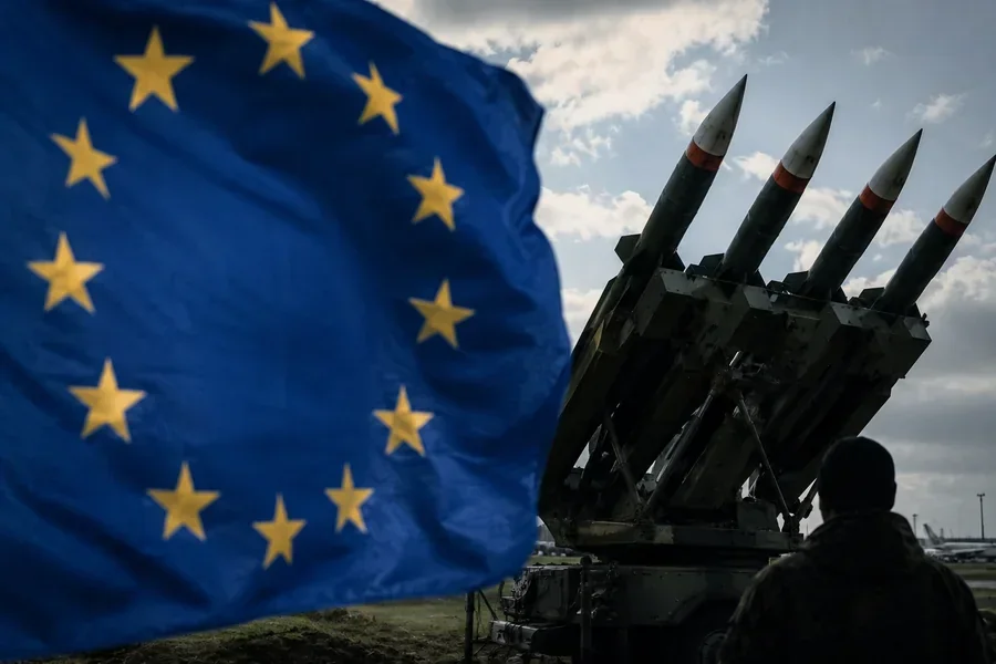 Флаг ЕС перед ракетной системой Patriot для Украины