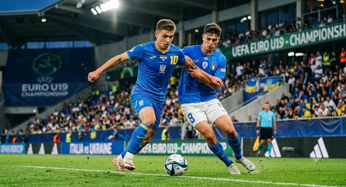 Гравці України U-19 та Італії борються за мяч на Євро-2026
