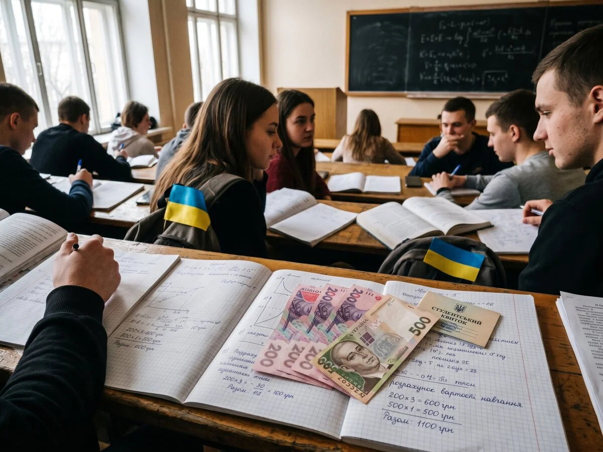 Студенти вишу з гривнями на конспектах у лекційній аудиторії